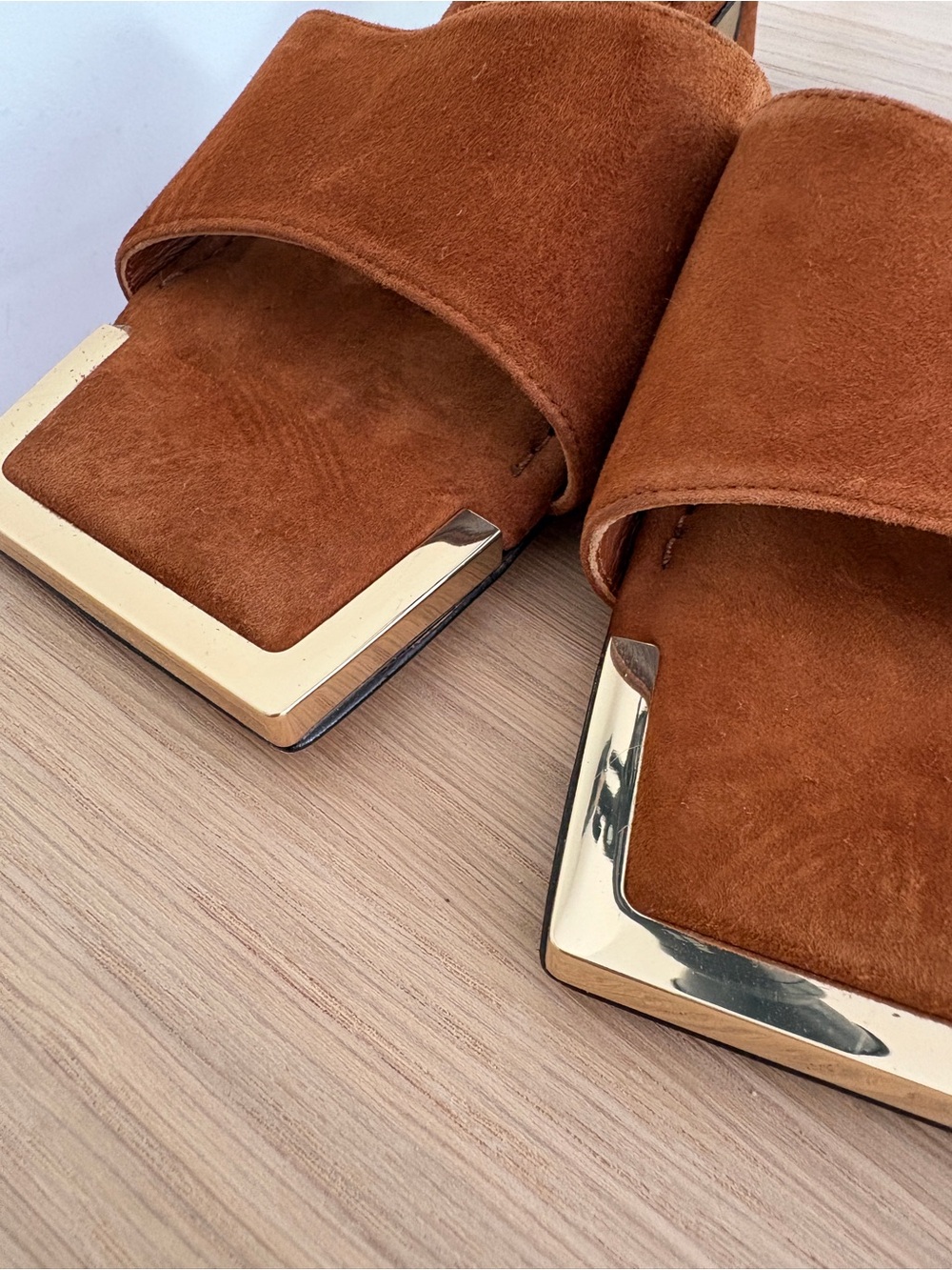 Good American Brown Suede Square-Toe Slide Mules with Gold Accent - Picture 2 of 6